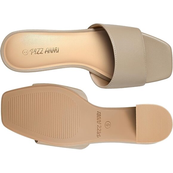 Women's Low Chunky Block Square Open Toe Tan Heeled Sandal Slip on Mules Shoes - Picture 7 of 7